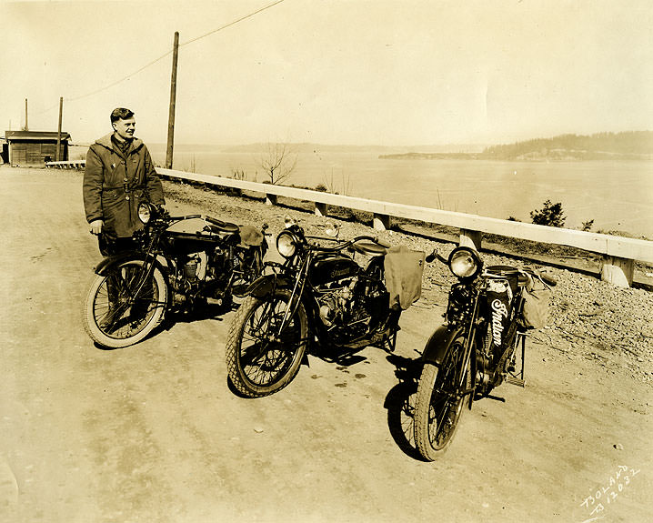 Phil Huff and Three Motorcycles from Hewitt Cycle Co., Tacoma, 1925