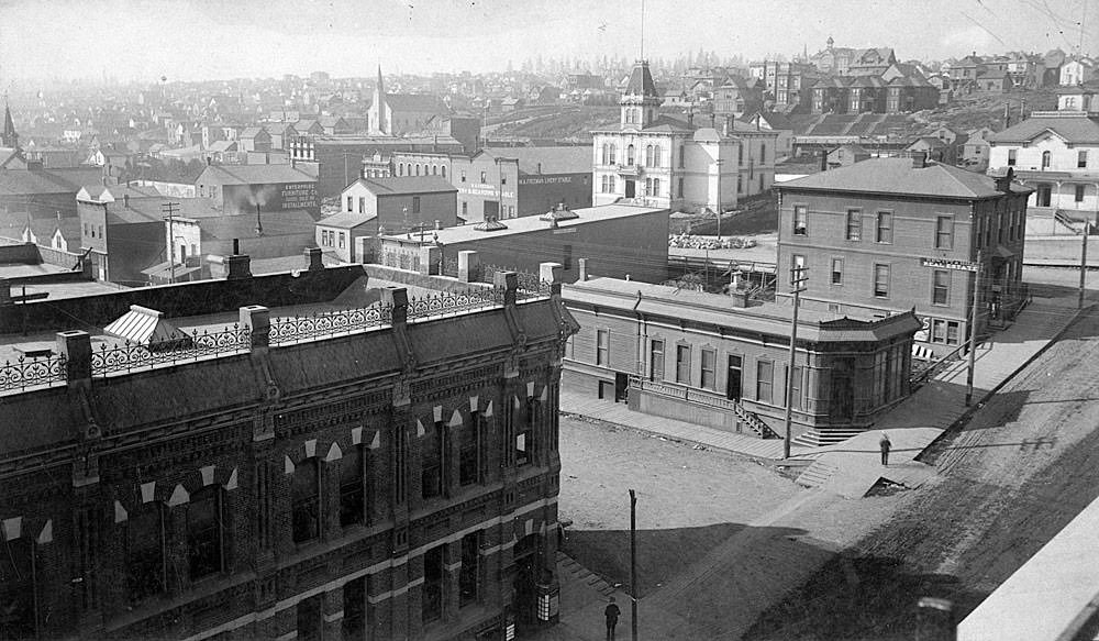 Tacoma, looking west toward County Courthouse, 1885
