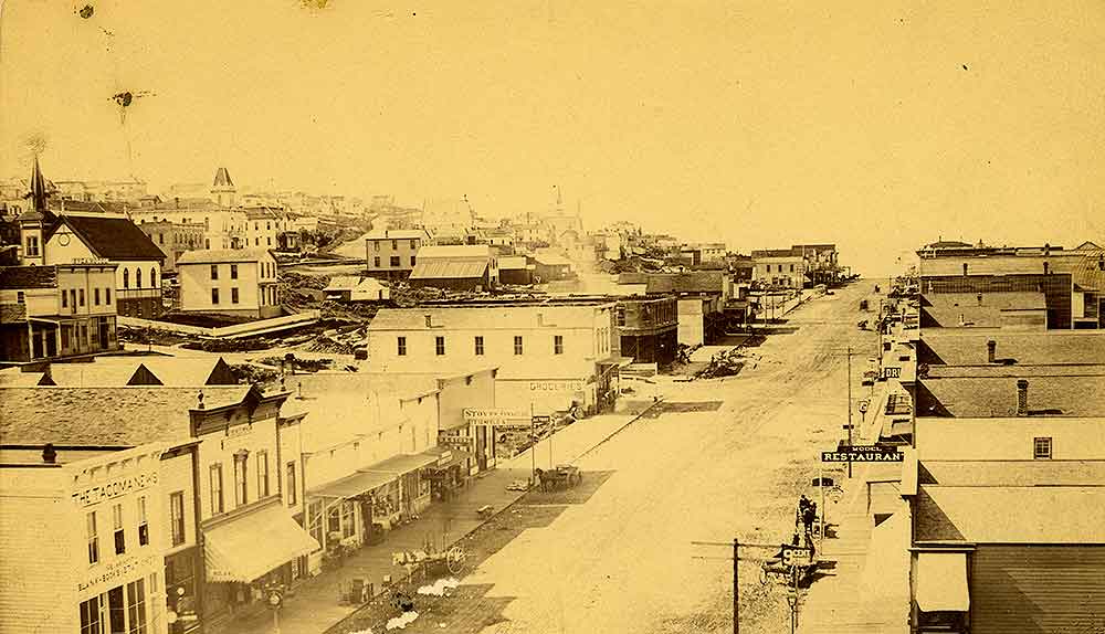 Pacific Looking North from 12th, Svea Hotel, 1102-1104 Railroad Street, Tacoma, 1887