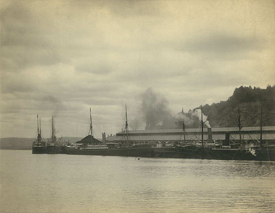 Ships equipped for both sail and steam moored at the Tacoma waterfront, 1910