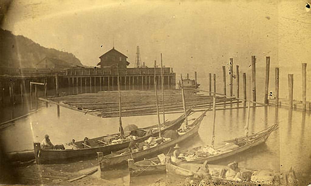 Canoes at Tacoma Waterfront, on Commencement Bay, 1888