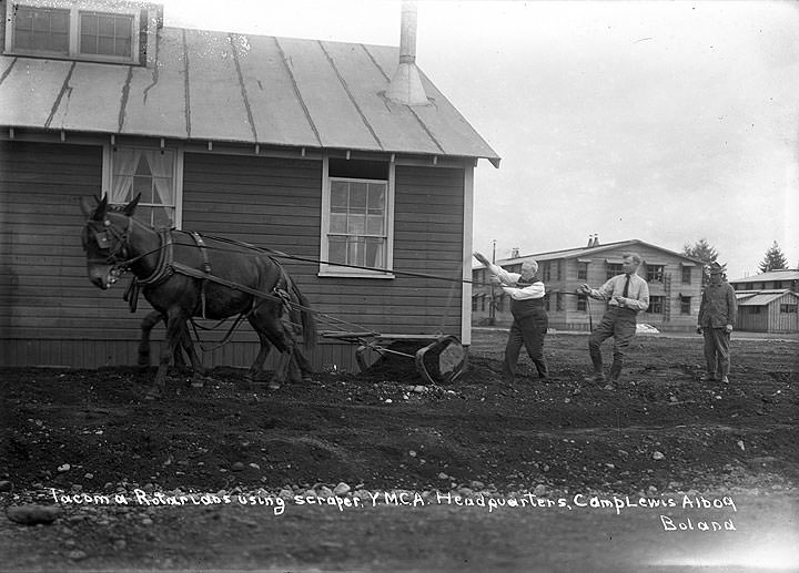 Tacoma Rotarians Using Scraper, Y.M.C.A. Headquarters, Camp Lewis, 1918