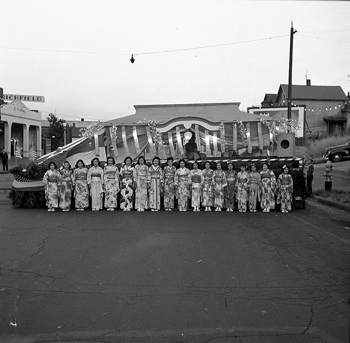 Japanese American Girls in Kimonos Attend Street Dance, Tacoma, 1940