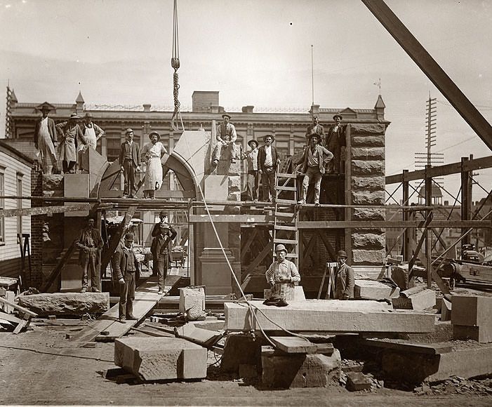 Stone Masons at Building Construction Site, Tacoma, 1890