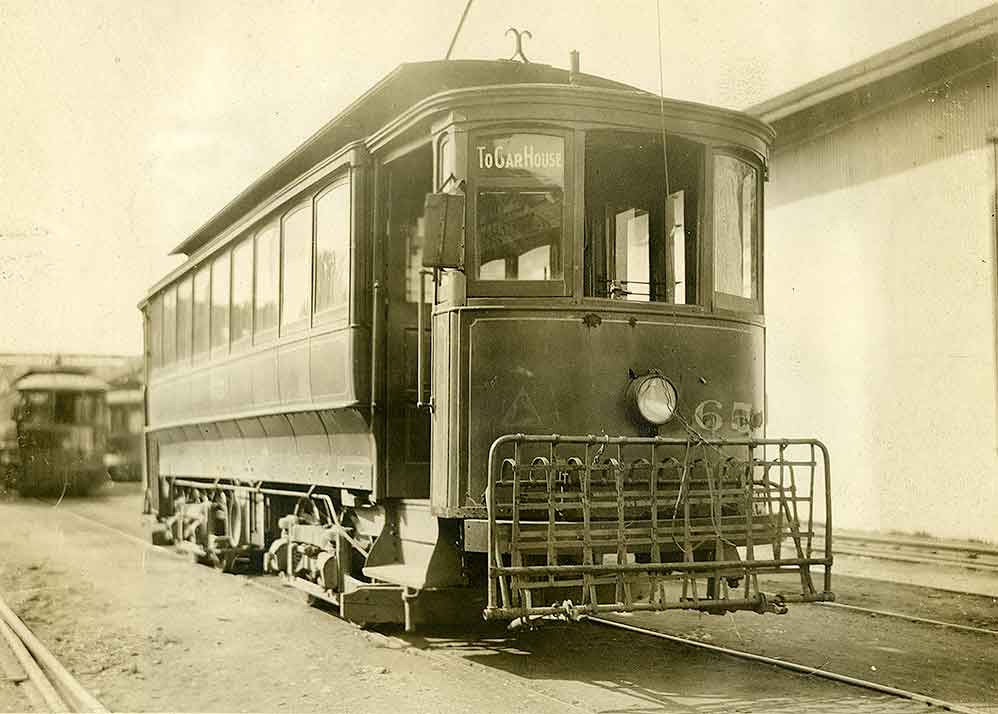 Tacoma Railway and Power Company streetcar No. 65 empty and out of service in the Puyallup yard at 24th Street, 1903