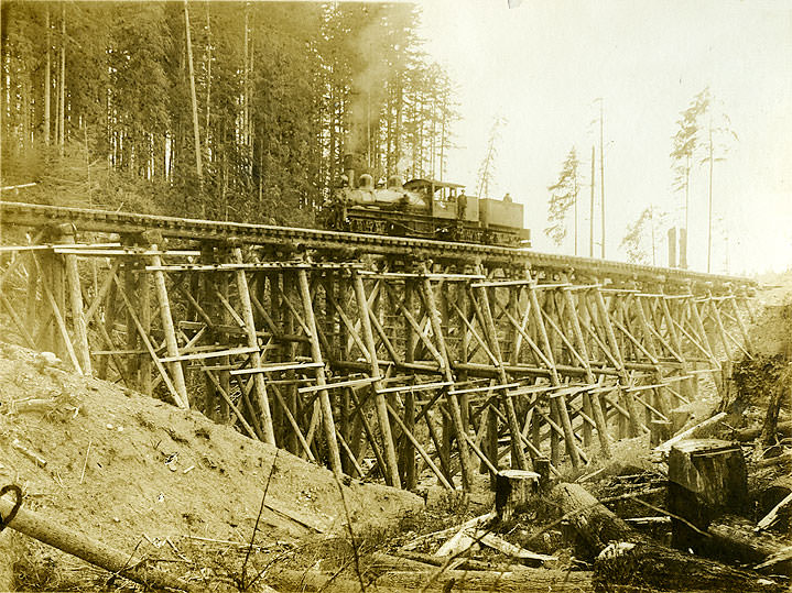 Shay Locomotive] on High Bridge, St. Paul & Tacoma Lumber Co., Camp 8., 1921