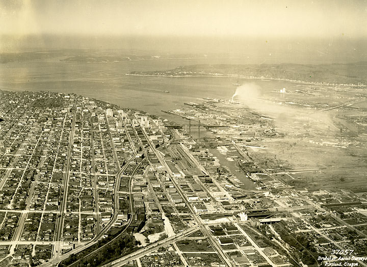 Tacoma, WA Aerial View Looking Northwest Over Downtown, Residential Areas and Tideflats, 1935
