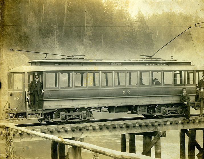 Albert J. Nelson and Streetcar, on Bridge over Chambers Creek, Tacoma & Steilacoom Electric Railway, 1900