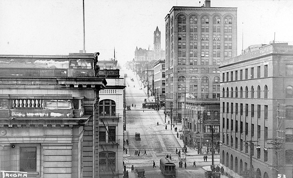 Elevated view looking west on Eleventh Street in downtown Tacoma, 1908