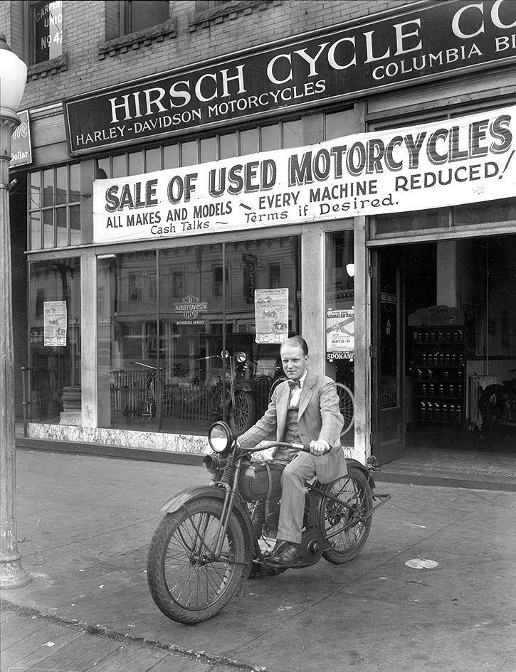 Man on Harley Davidson Motorcycle at Hirsch Cycle Co., 1927