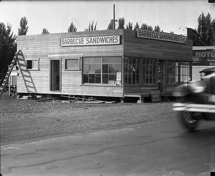 Barbecue Sandwiches Stand near Ponders Station, Jack Boldt, 1926