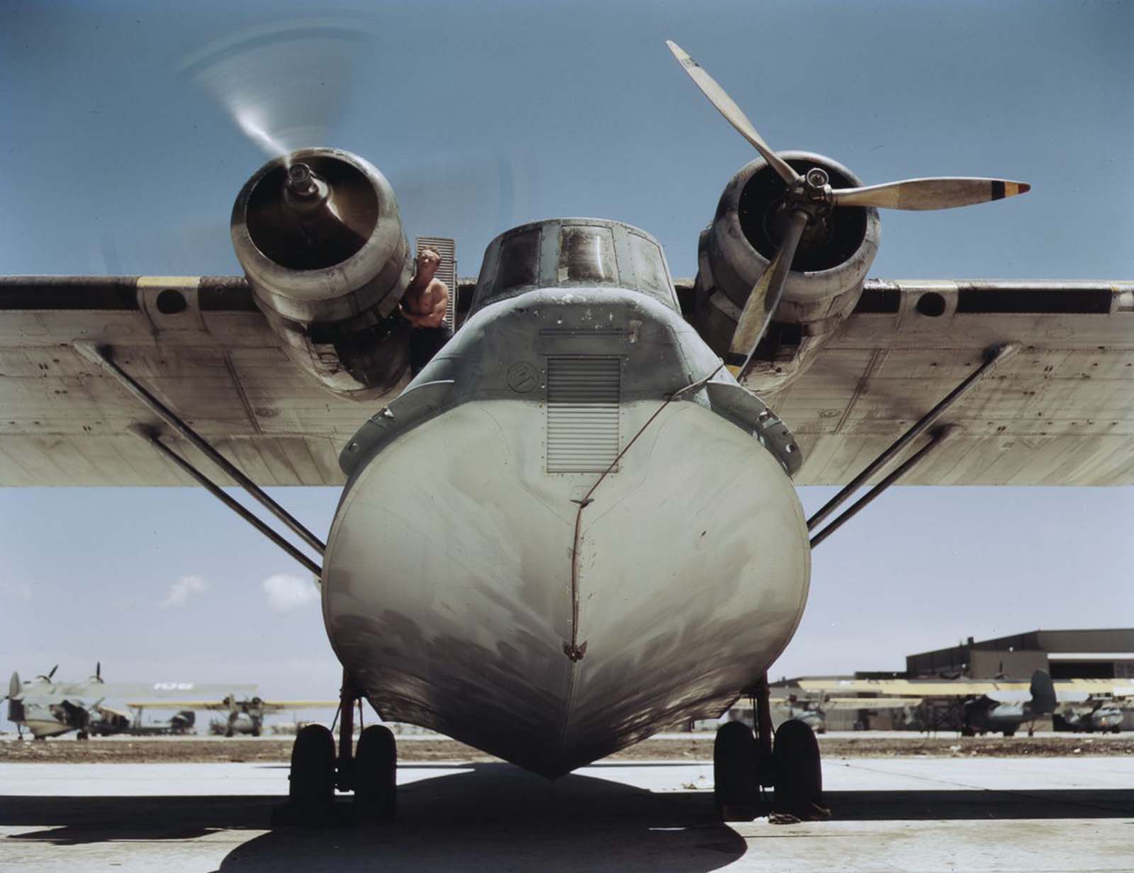 A PBY flying boat undergoes engine testing.