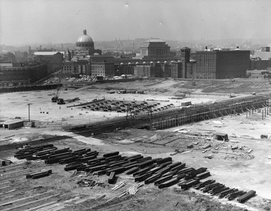 Early construction is under way on the Prudential Center in Boston's Back Bay, May 20, 1962. The Christian Science building can be seen in the background.