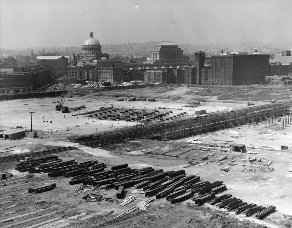 Early construction is under way on the Prudential Center in Boston's Back Bay, May 20, 1962. The Christian Science building can be seen in the background.