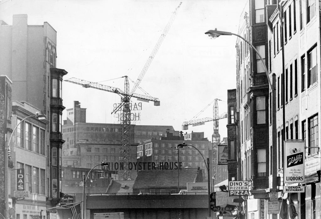 A view toward the site of the new Boston City Hall from Hanover Street in the North End, 1965.