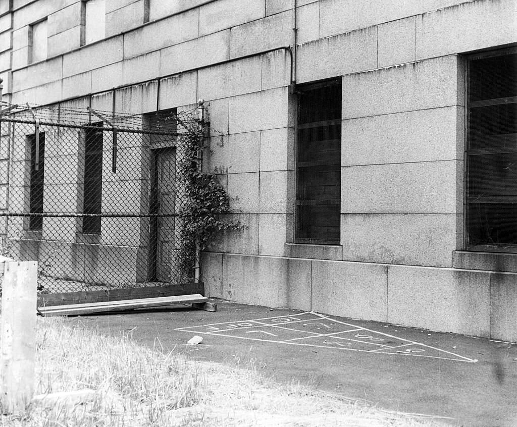 Inside Castle Island's Fort Independence shows boarded-up windows where vandals tore out toilet facilities two years before, seen here on July 12, 1966.