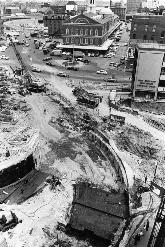 Looking down on the construction of the new underground tunnel at Government Center in Boston on July 12, 1966.