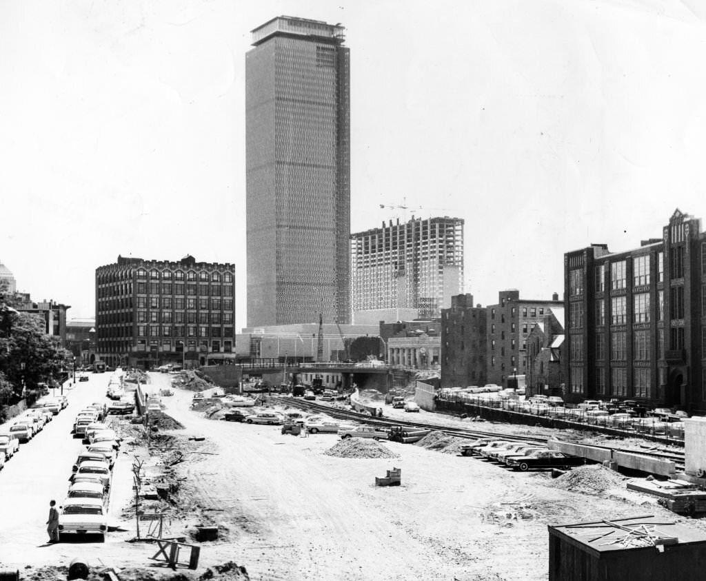 The toll road construction looking towards Mass. Ave from Charlesgate East, which shows the Prudential Center in the background in Boston, June 15, 1964.