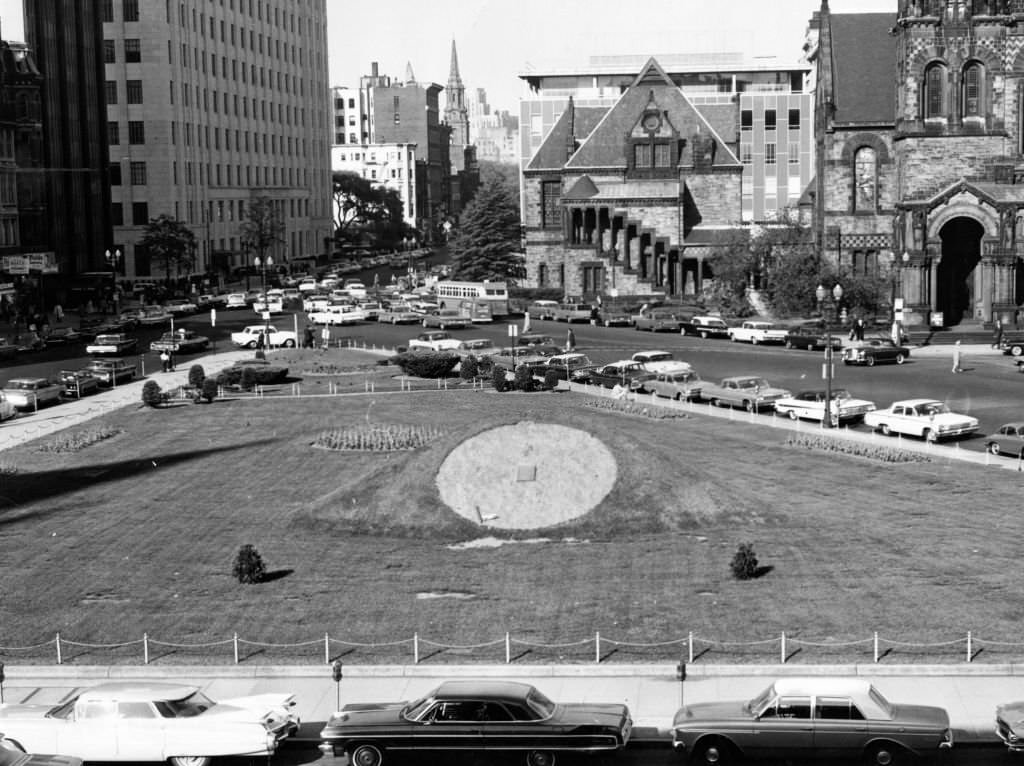 The flower clock in Copley Square in Boston, May 21, 1964. The clock is a replica of a clock in Geneva, Switzerland. It is 25 feet in diameter.