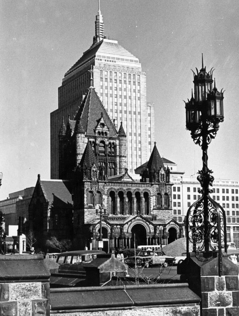 Trinity Church and the old John Hancock Building in Copley Square in Boston on April 4, 1964.