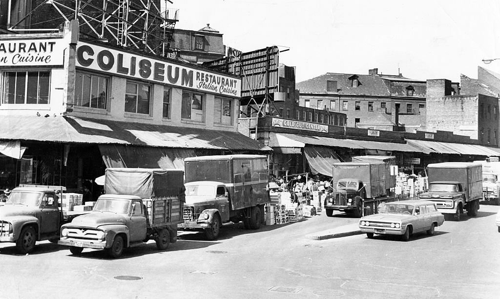 Trucks sit along an empty Blackstone Street in Boston on April 10, 1964.