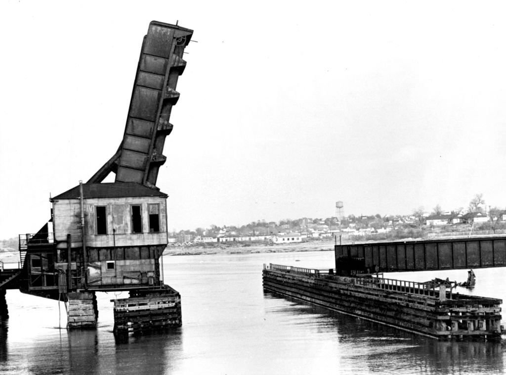 A railroad bridge spanning the Neponset River in the Dorchester neighborhood of Boston, 1963.