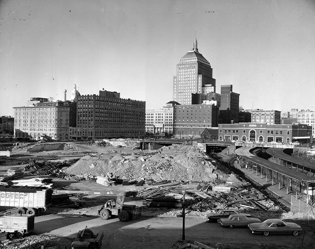 Irvington Street (foreground) fronting where the Irvington Street Armory was formerly located, next to the Back Bay railroad depot, Oct. 4, 1963.