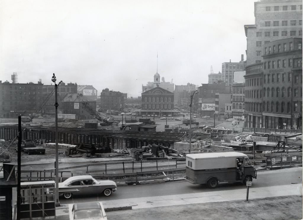 The Scollay Square subway extension construction is seen in Boston on Aug. 17, 1963. Faneuil Hall is int he background.