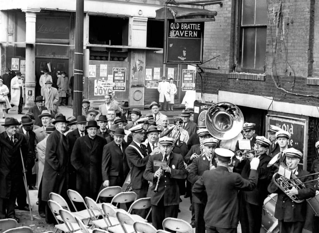 Ceremonies honoring Boston poet John Boyle O'Reilly take place outside the Brattle Tavern in Boston on Nov. 1, 1962.