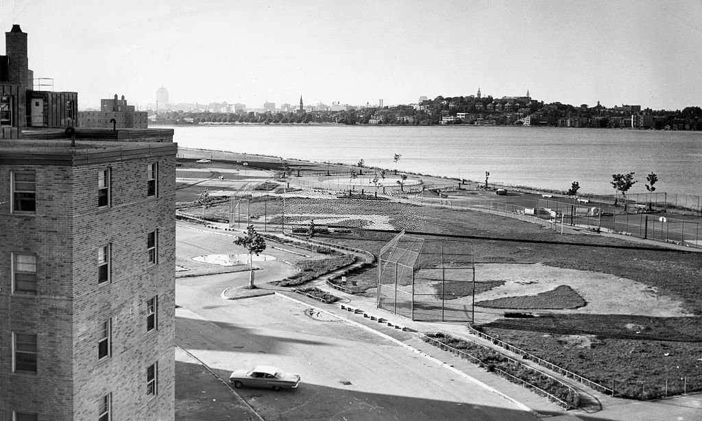 South Boston and the downtown skyline are visible from the Columbia Point housing project, Sept. 8, 1962.