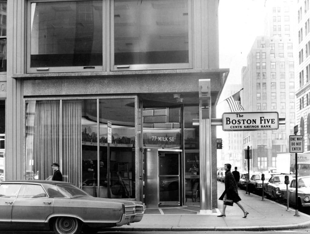 The Boston Five Cents Savings Bank at the corner of Federal and Milk Streets in Boston, Mar. 13, 1967.