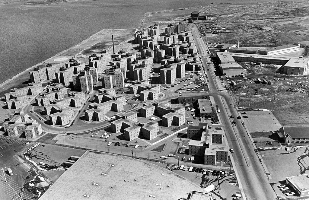 The Columbia Point housing project in Boston, seen in an aerial in April 1967.