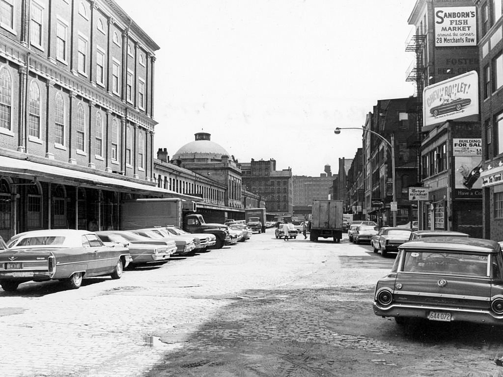 Cars are parked near the Faneuil Hall market area in Boston on May 3, 1967.