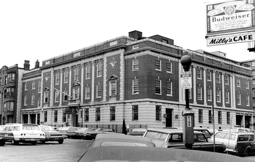 Vehicles are seen parked outside Boston Police Department Station 4 on Warren Avenue in Boston's South End on Dec. 19, 1967.