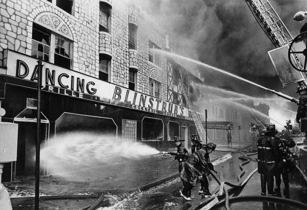 Firefighters work to extinguish a fire at Blinstrub's, a South Boston nightclub, Feb. 7, 1968.