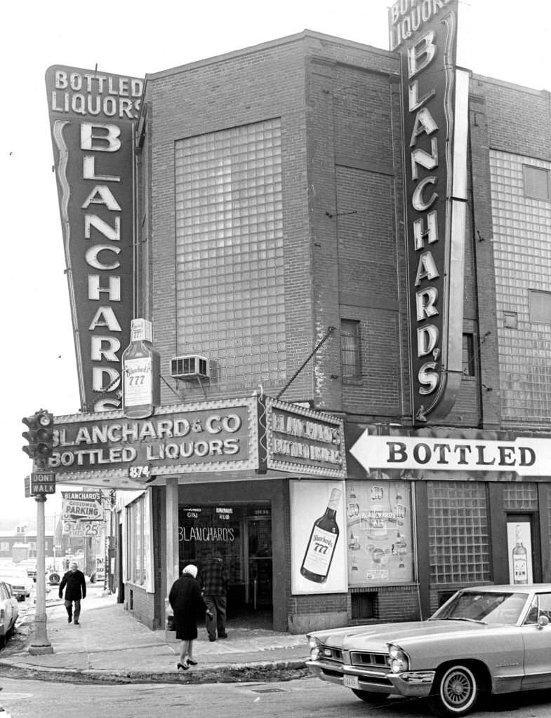 The Blanchard's Liquor Store in Boston's South End, where two gunmen made off with $43,500 in cash in a holdup earlier in the day, on Mar. 4, 1968.