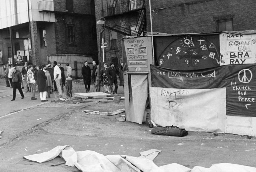 Anti-urban renewal protesters pitch tents in a Dartmouth Street parking lot in the South End of Boston, April 1968.