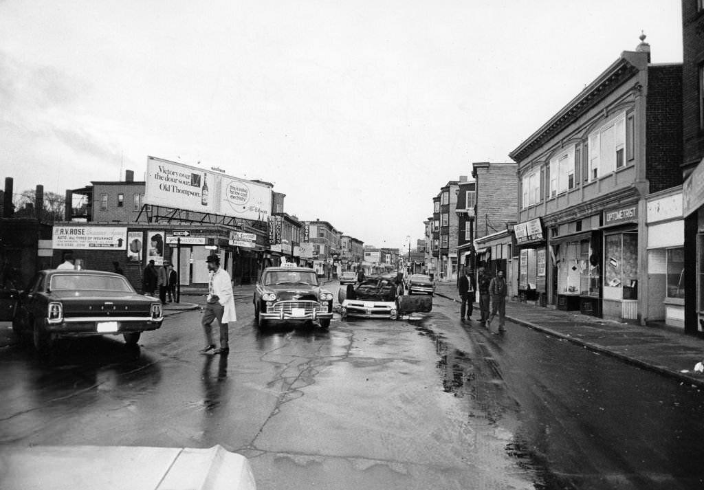 A view of Blue Hill Avenue after protests of Martin Luther King Jr.'s assassination in Boston, April 5, 1968.