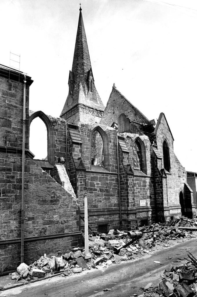 The fire-damaged First Church on Marlborough Street in Boston, April 10, 1968.