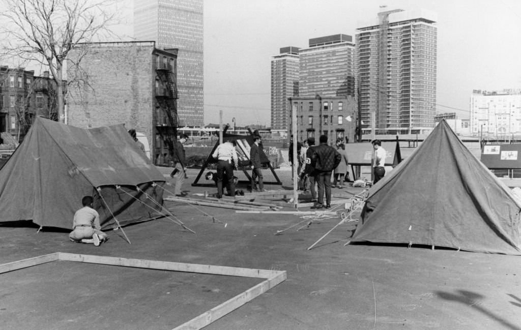 Anti-urban renewal protesters pitch tents in a Dartmouth Street parking lot in the South End of Boston, April 28, 1968.