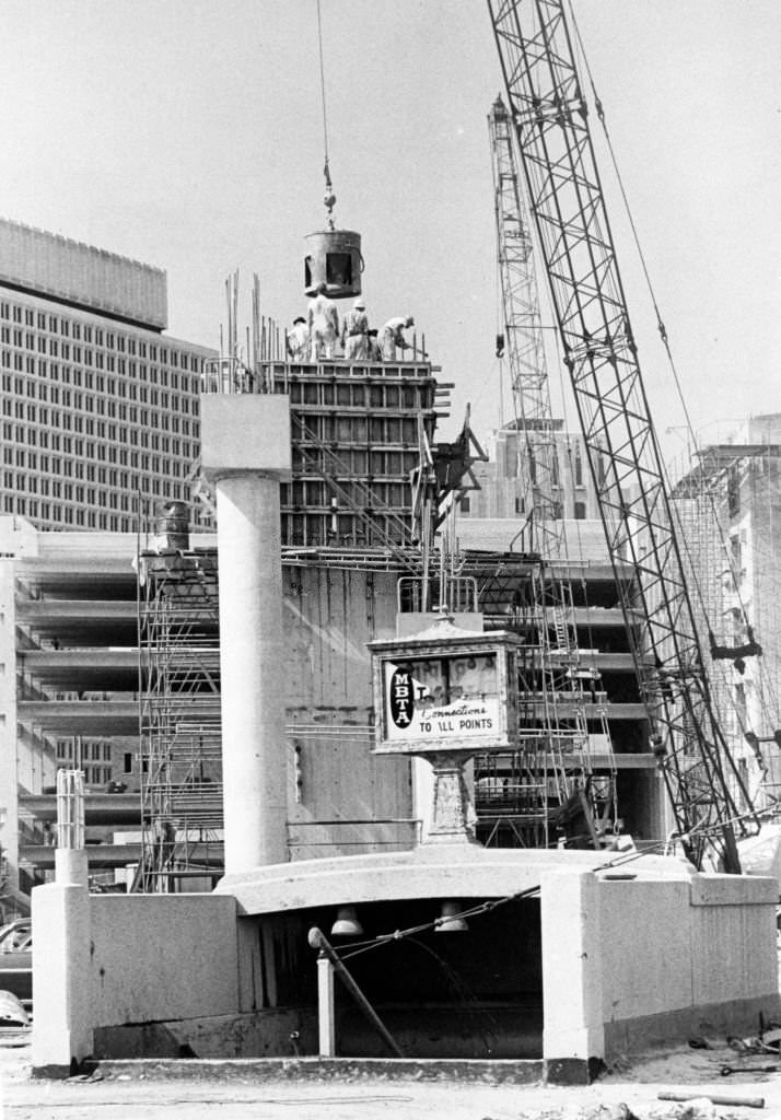 The new Government Center garage is under construction in Boston, August 1968.