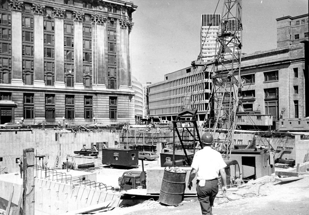 Construction takes place at the corner of Washington and Court Streets in Boston on Aug. 22, 1968.