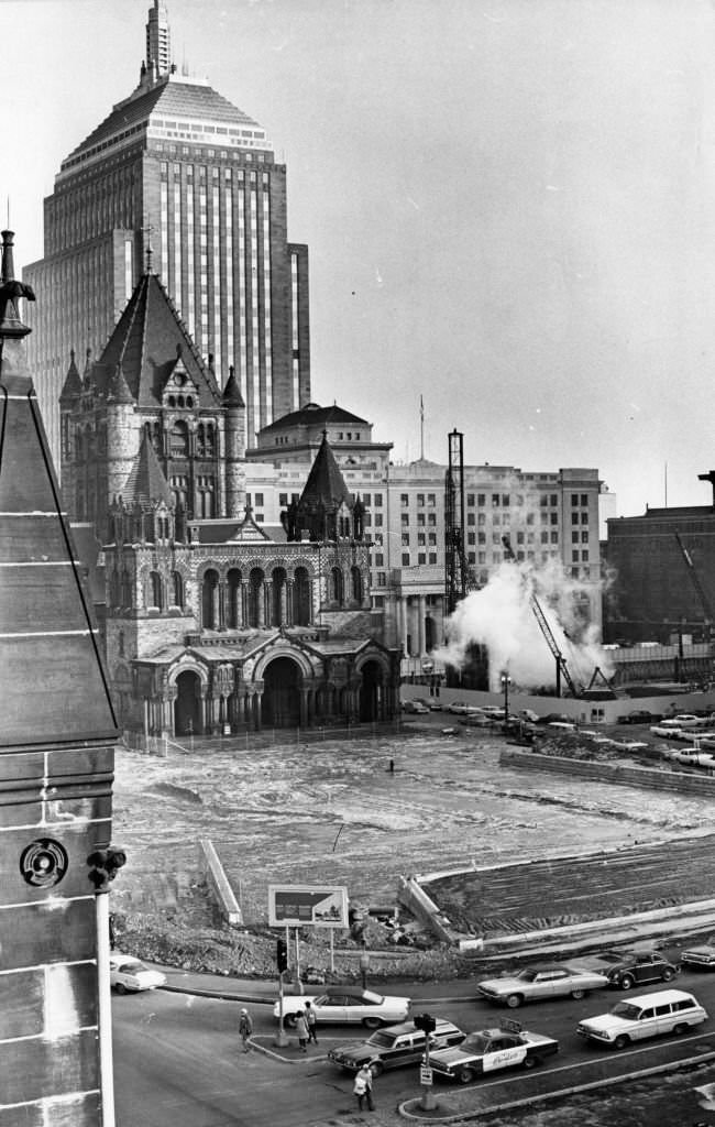 Construction in Copley Square, seen from Old South Church, in Boston on Jan. 6, 1969. Trinity Church and the John Hancock Building is in the background.