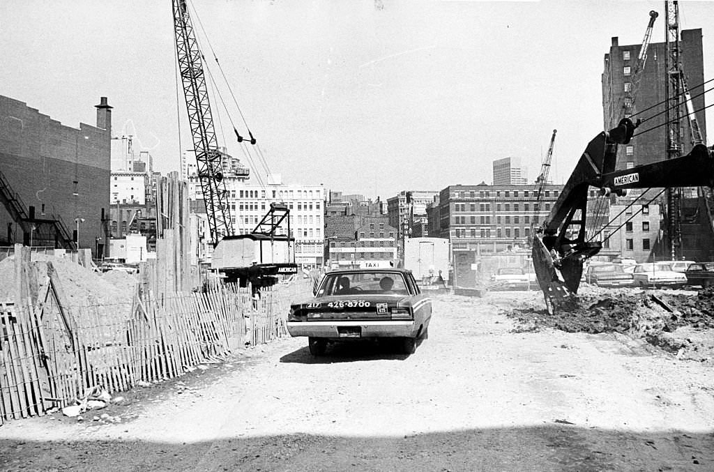 A taxi at a construction site on Boston's Washington Street, near Kneeland Street and Broadway, on April 4, 1969.