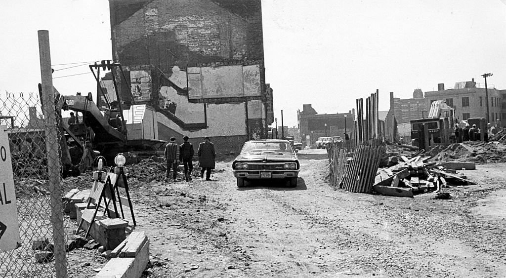 A construction site on Boston's Washington Street, between Kneeland Street and Broadway, on April 4, 1969.