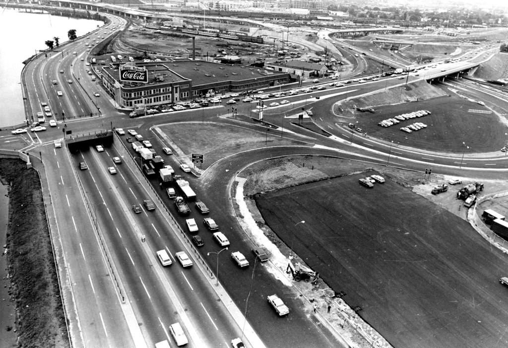 An aerial view of Storrow Drive and the Massachusetts Turnpike entrance in the Allston neighborhood of Boston on May 12, 1969.