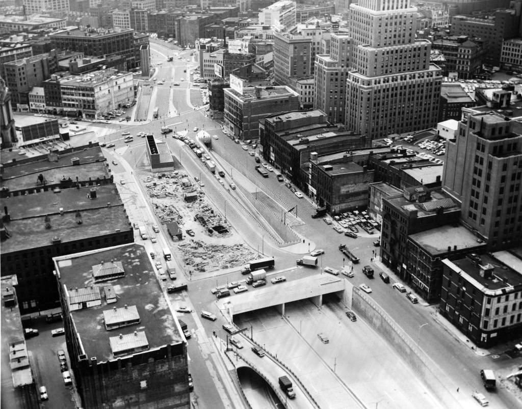 Aerial view of Dewey Square under construction, June 11, 1969.
