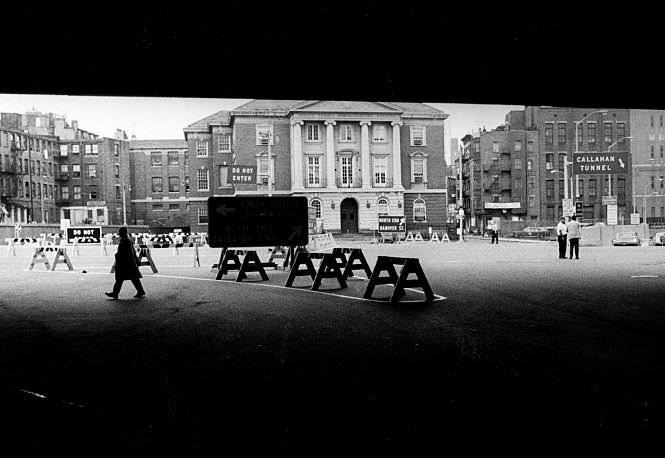 There is a new traffic pattern at the entrance to the Lieutenant William F. Callahan Tunnel in East Boston, seen here on Aug. 4, 1969.