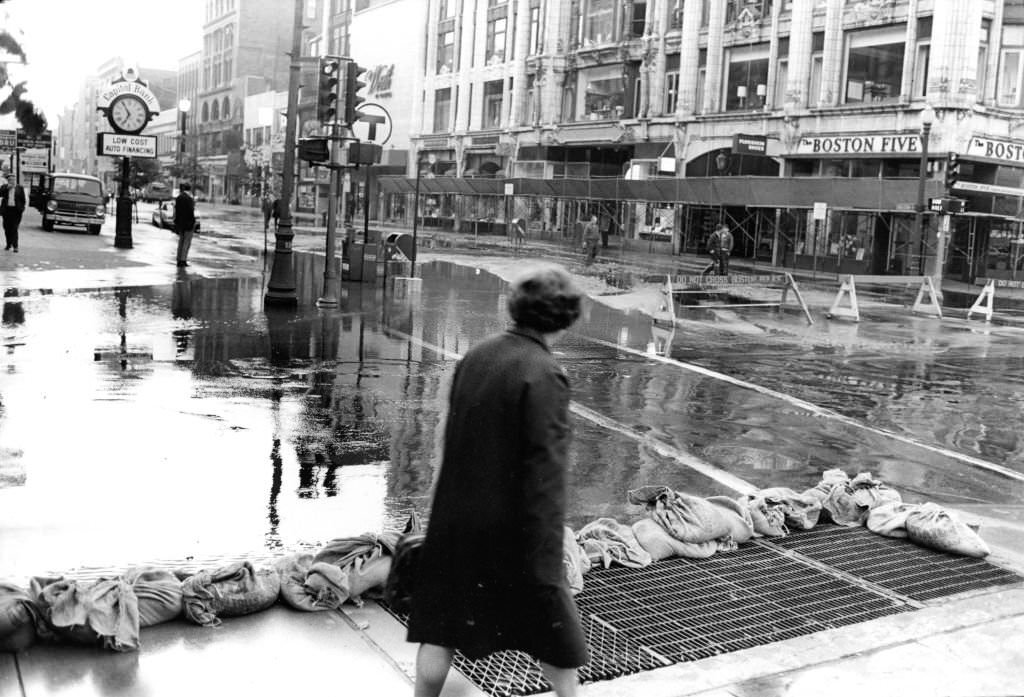 The flooded corner of Boylston and Berkeley Streets in Boston on Oct. 7, 1969.