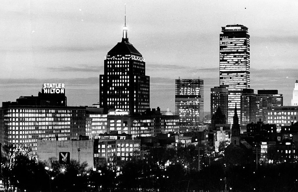 The Boston skyline at night on Dec. 4, 1969.